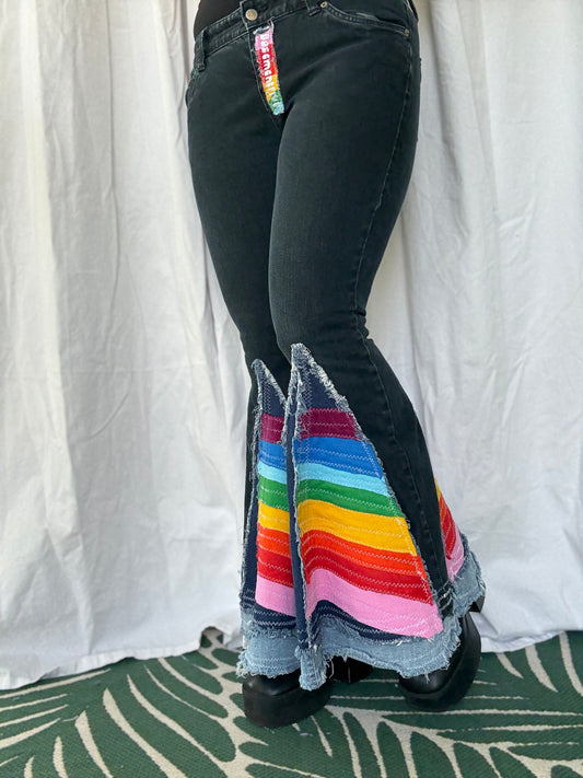 Rainbow Bell Bottom Jeans (size 12)– Festival Ready Flare 🌈