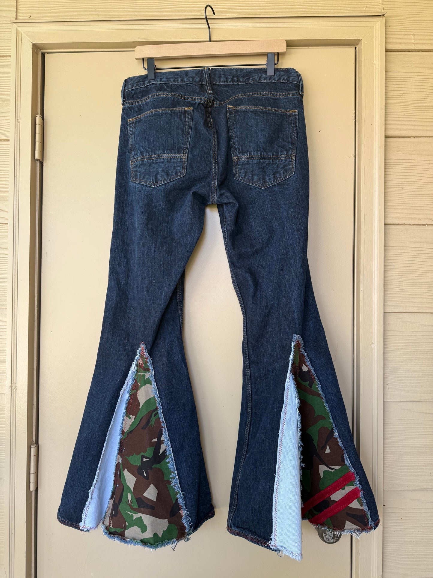 Upcycled Camouflage Insert Bell Bottom Jeans – One-of-a-Kind Statement Denim (Arizona jeans 32x32)