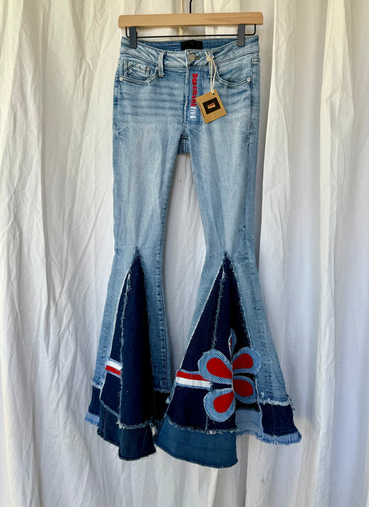 Denim Bell Bottom Jeans – Red & Blue Flower Power Flare (size 0)