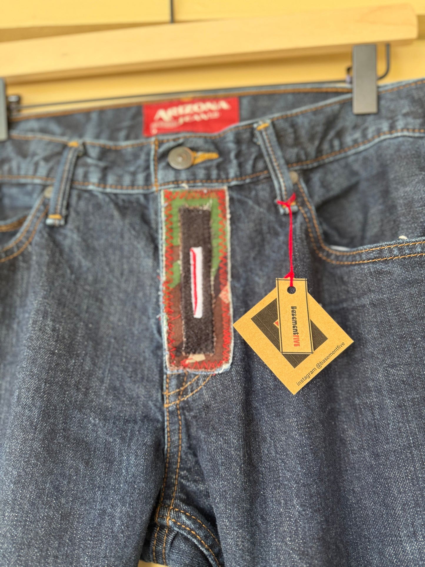 Upcycled Camouflage Insert Bell Bottom Jeans – One-of-a-Kind Statement Denim (Arizona jeans 32x32)