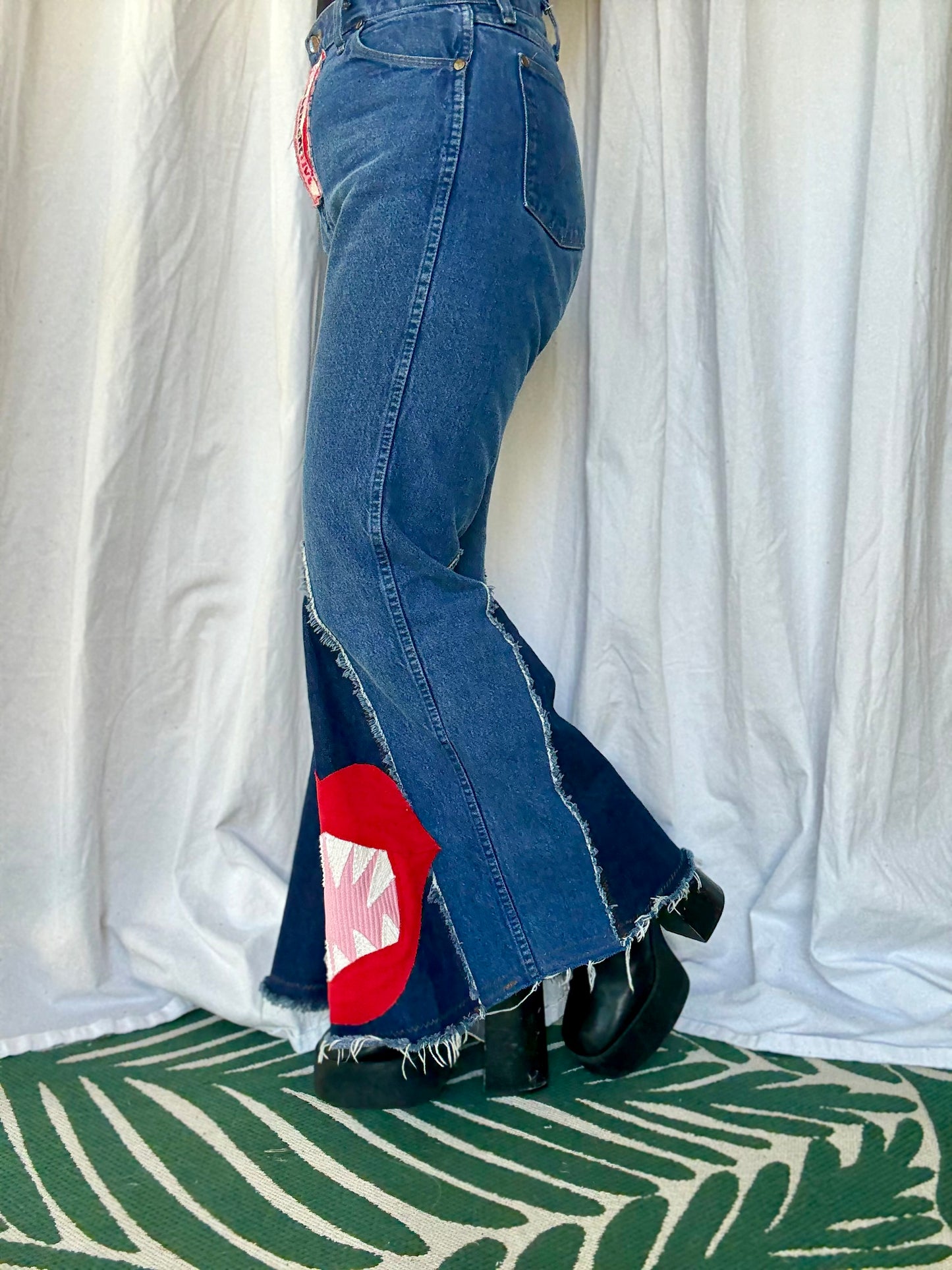 🩸 “Bite Me” Upcycled Denim Bell Bottoms – Size 11
