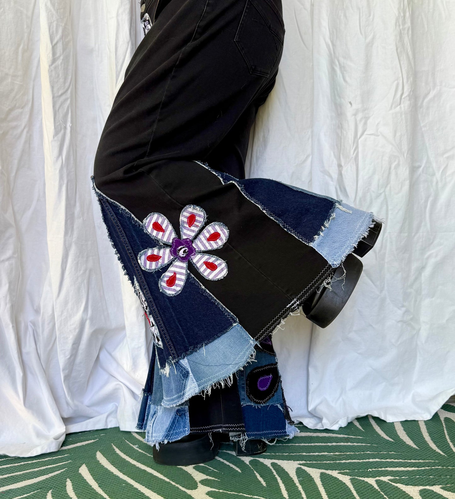 Midnight Bloom Upcycled Bell Bottoms (Size 18)