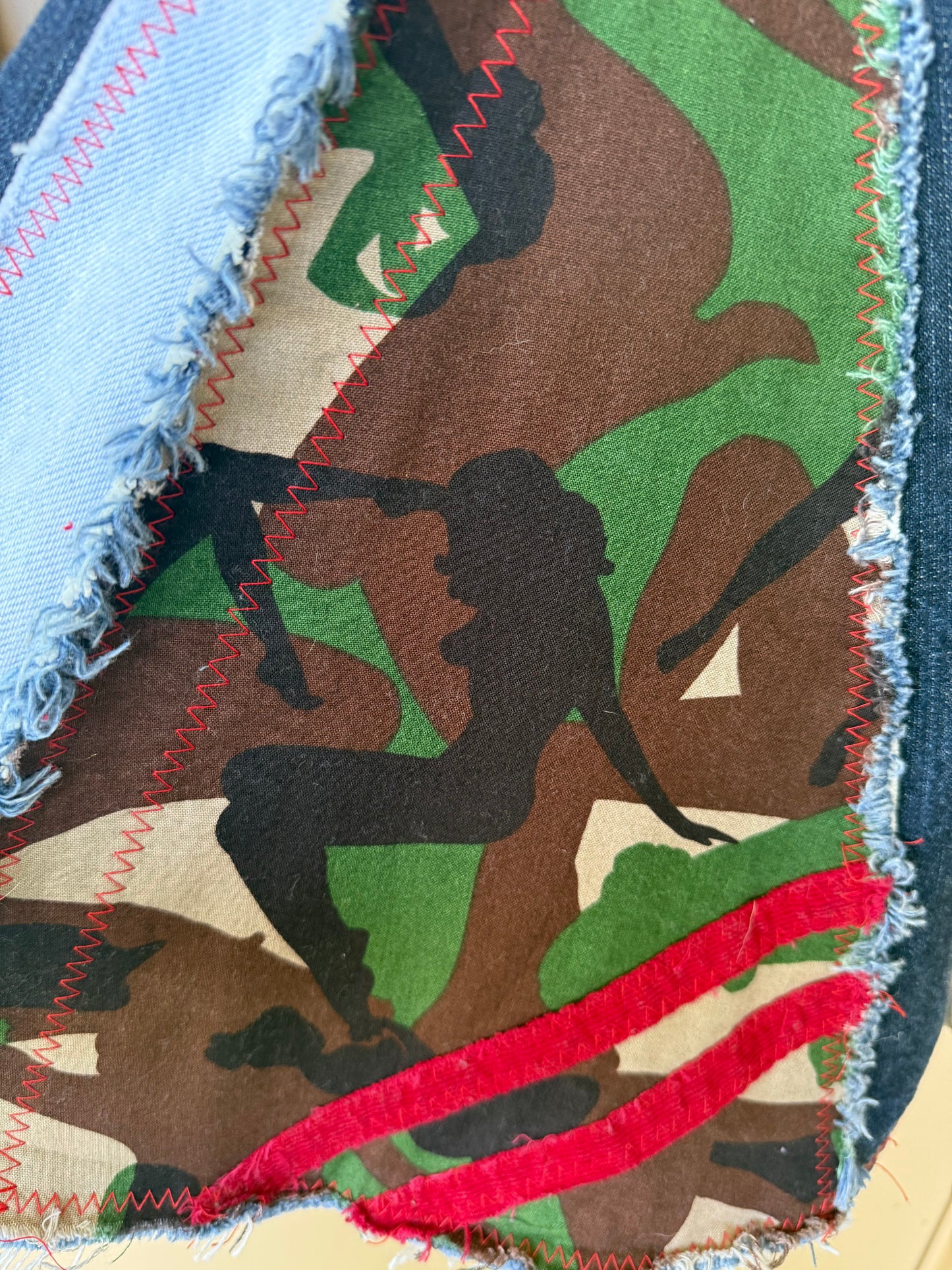 Upcycled Camouflage Insert Bell Bottom Jeans – One-of-a-Kind Statement Denim (Arizona jeans 32x32)