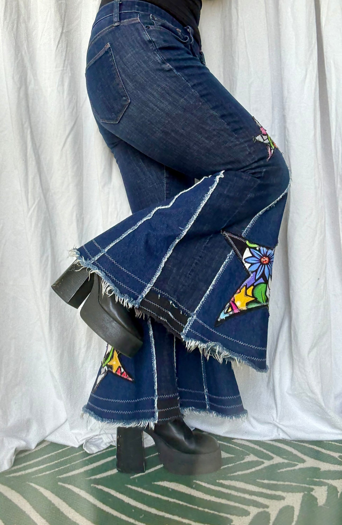Sugar Skull Star Bell Bottoms – Upcycled Denim Statement Jeans (size 12)