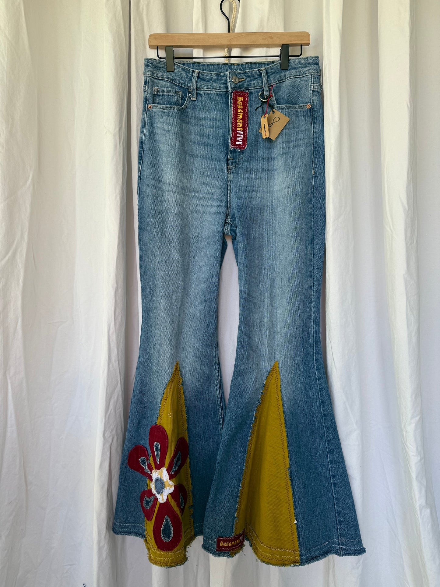 Mustard & Burgundy Flower Power Bell Bottom Jeans (size 8)