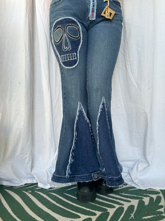 Skull Bell Bottom Jeans (size 12)– Edgy Boho Statement Pants