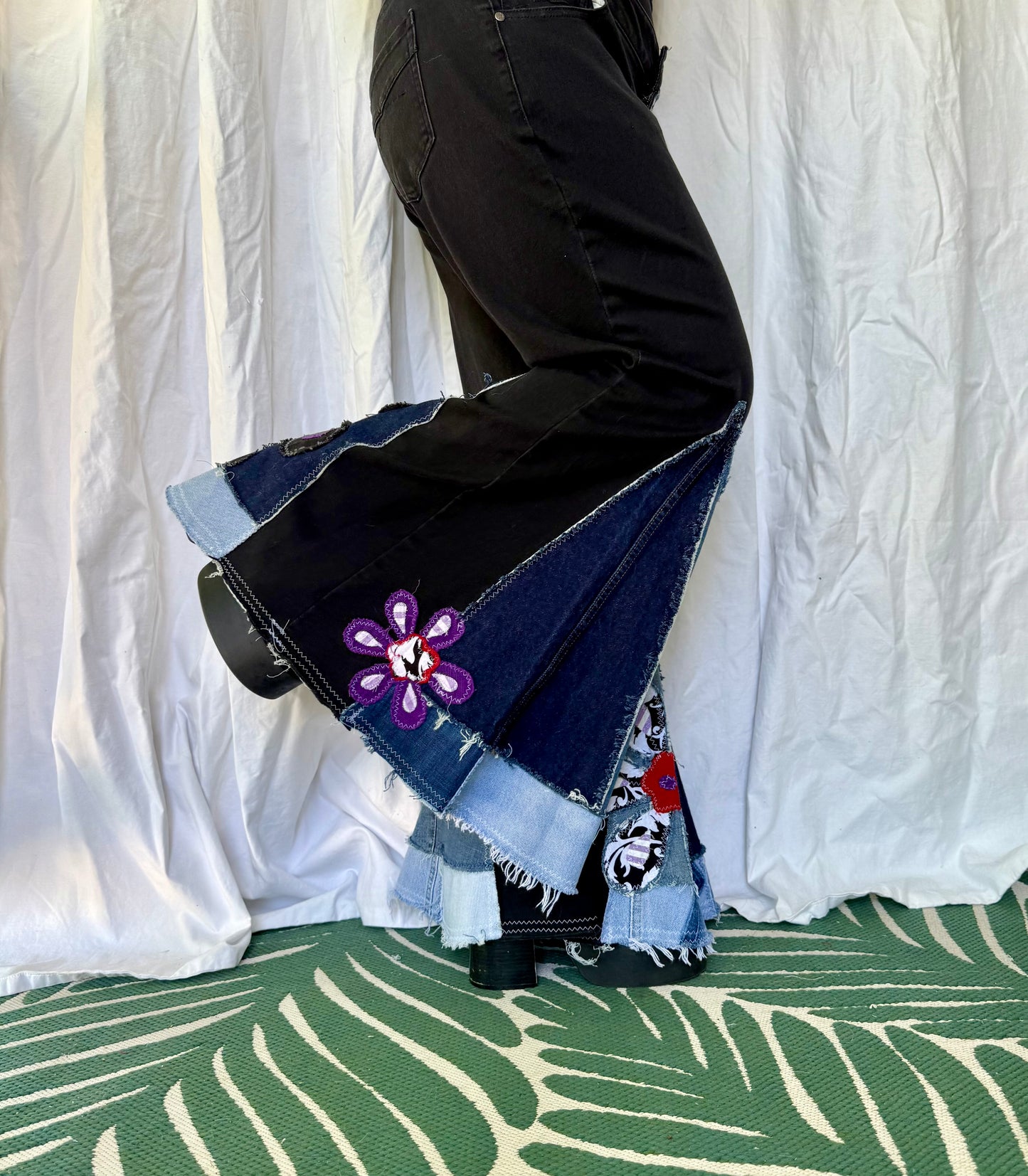 Midnight Bloom Upcycled Bell Bottoms (Size 18)
