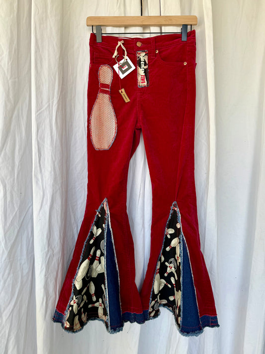 “Bowling Babe” Upcycled Red Velvet Bell Bottoms – Size 0