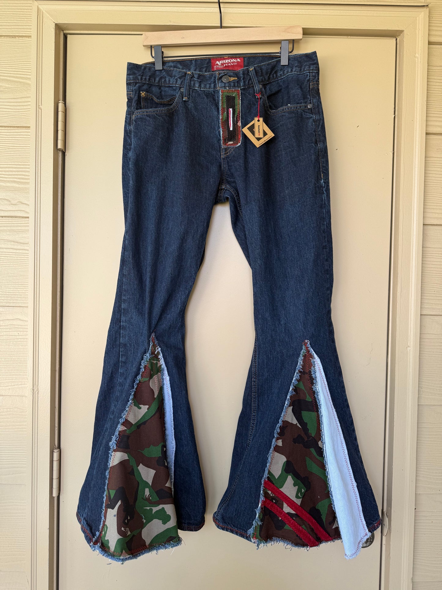 Upcycled Camouflage Insert Bell Bottom Jeans – One-of-a-Kind Statement Denim (Arizona jeans 32x32)