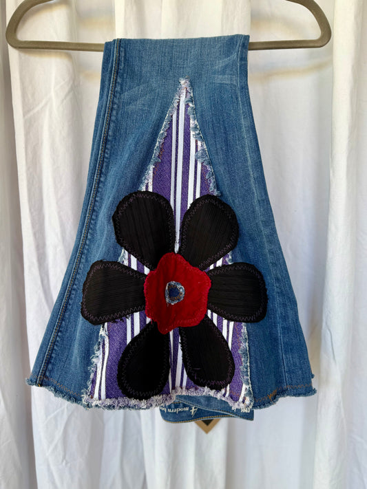 Purple Stripe & Velvet Flower Bell Bottom Jeans (size 4)