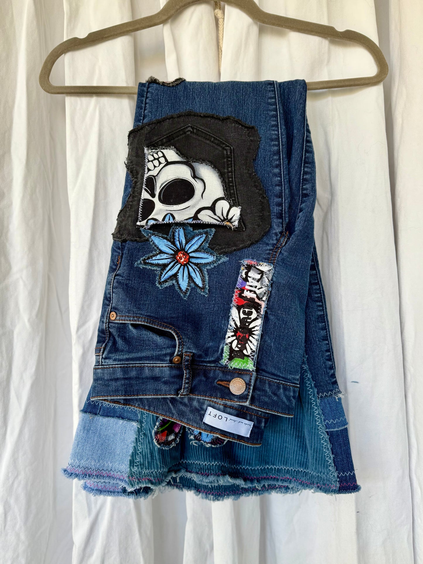 Upcycled Floral Skull Bell Bottom Jeans – Size 4