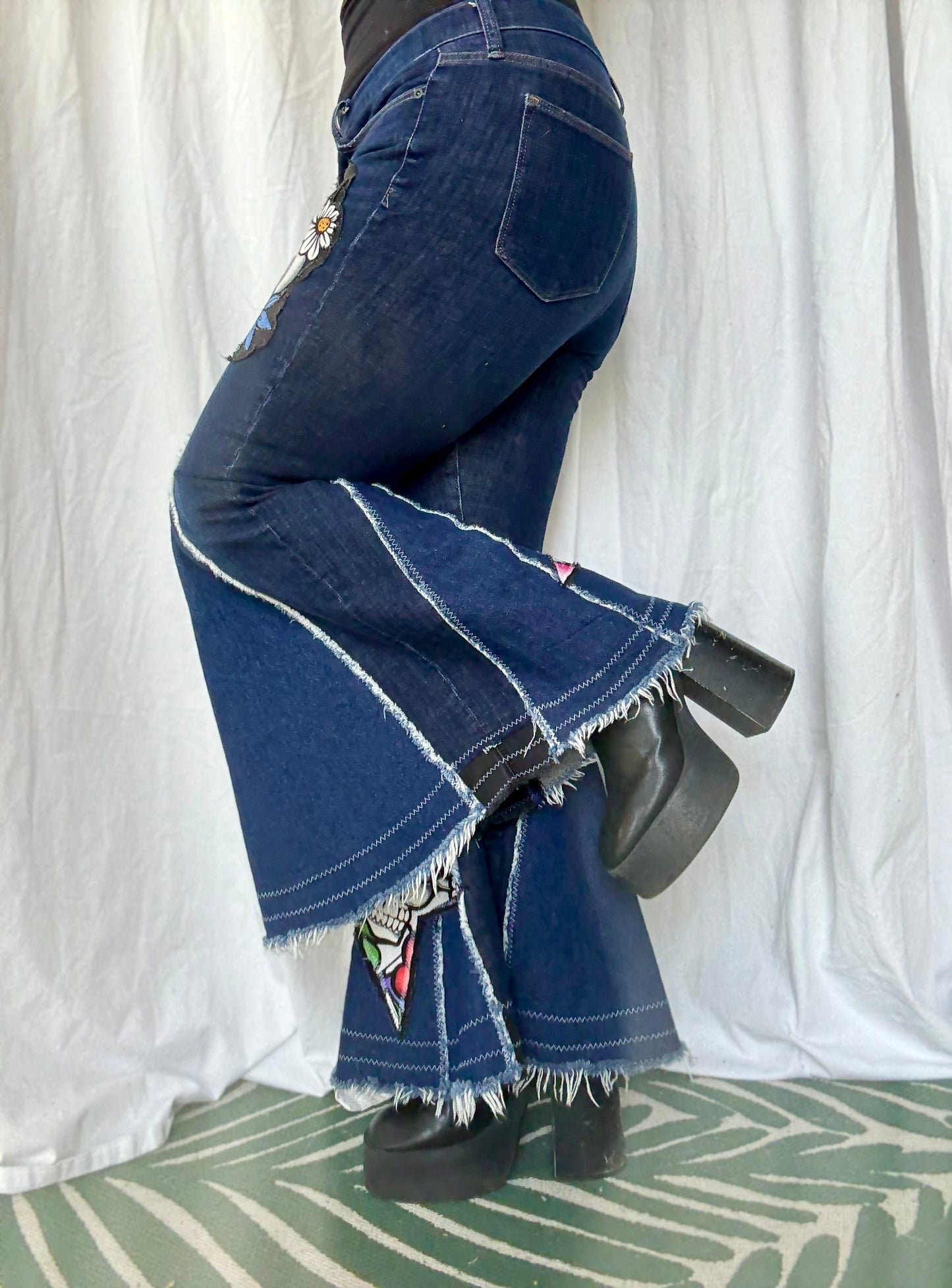 Sugar Skull Star Bell Bottoms – Upcycled Denim Statement Jeans (size 12)