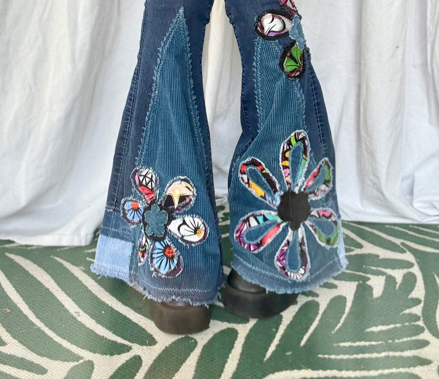 Upcycled Floral Skull Bell Bottom Jeans – Size 4