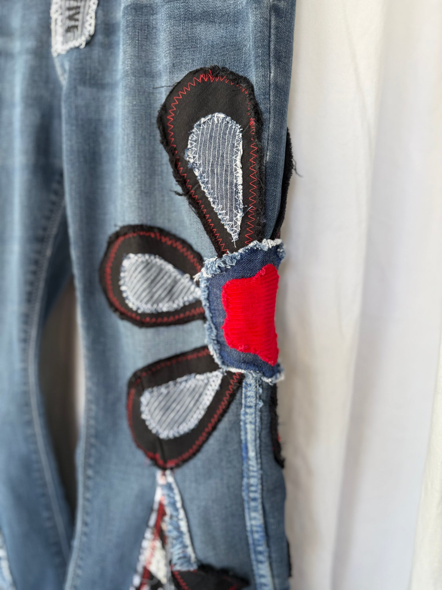 Denim Bell Bottoms – (size 10) Red & Black Floral Patchwork