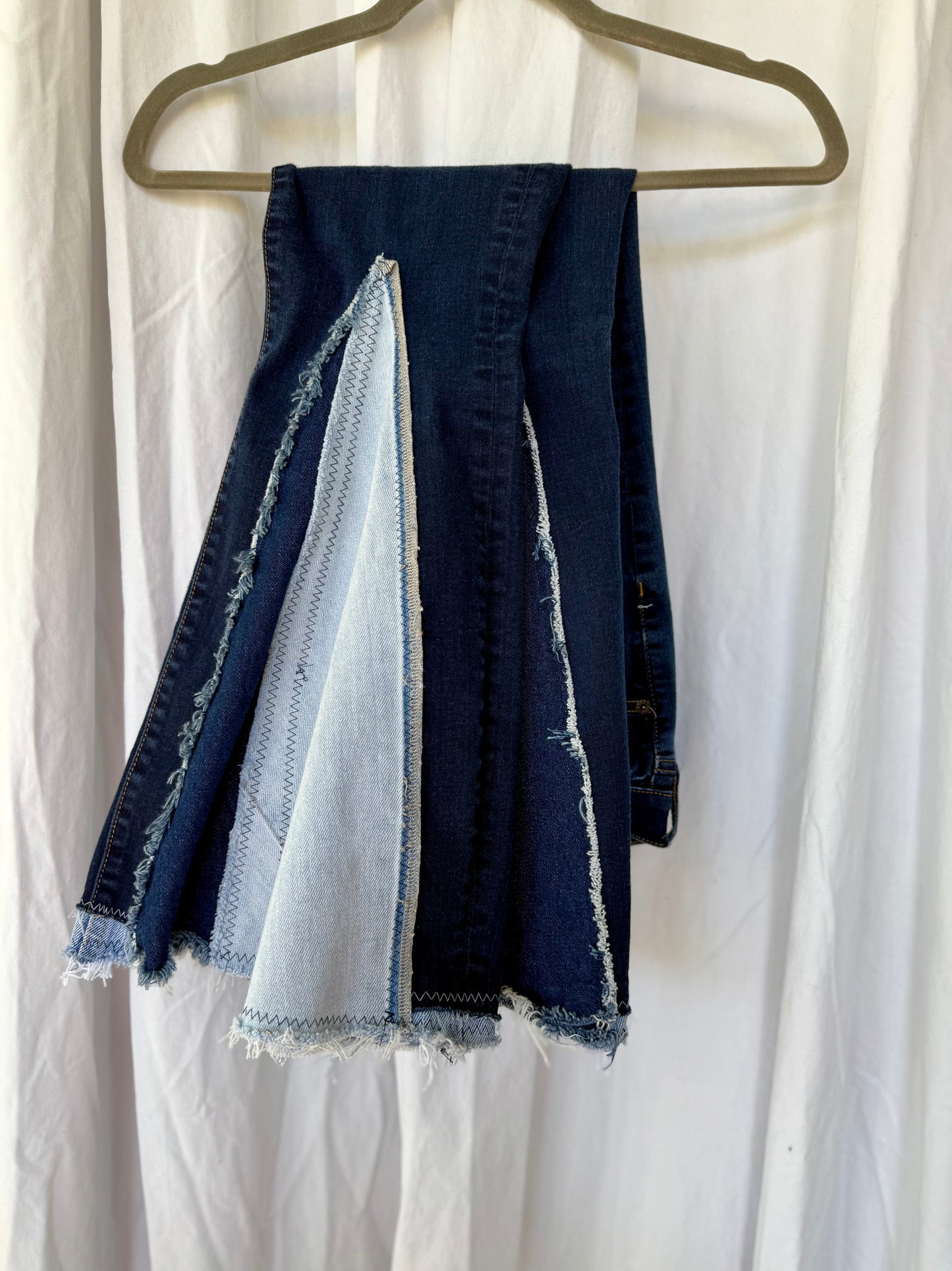 Denim-on-Denim Bell Bottom Jeans – Upcycled Two-Tone Flare with Frayed Seams | Vintage Inspired Boho Jeans (size 4)