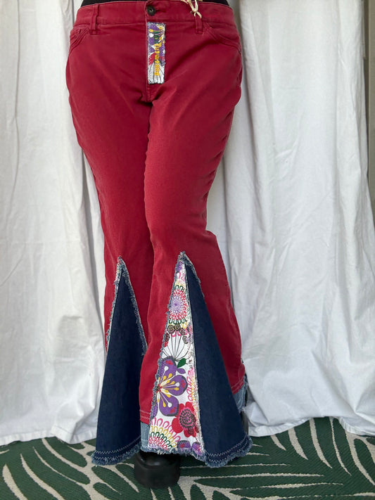 Red Bell Bottom Jeans (size 16) – Colorful Floral Patchwork Flare