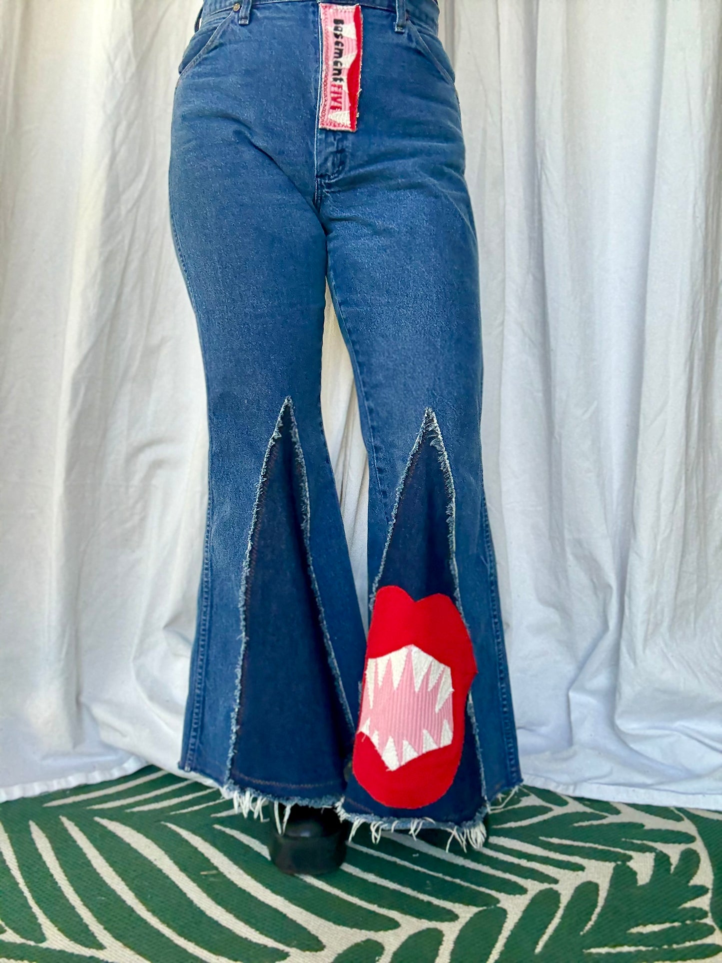 🩸 “Bite Me” Upcycled Denim Bell Bottoms – Size 11