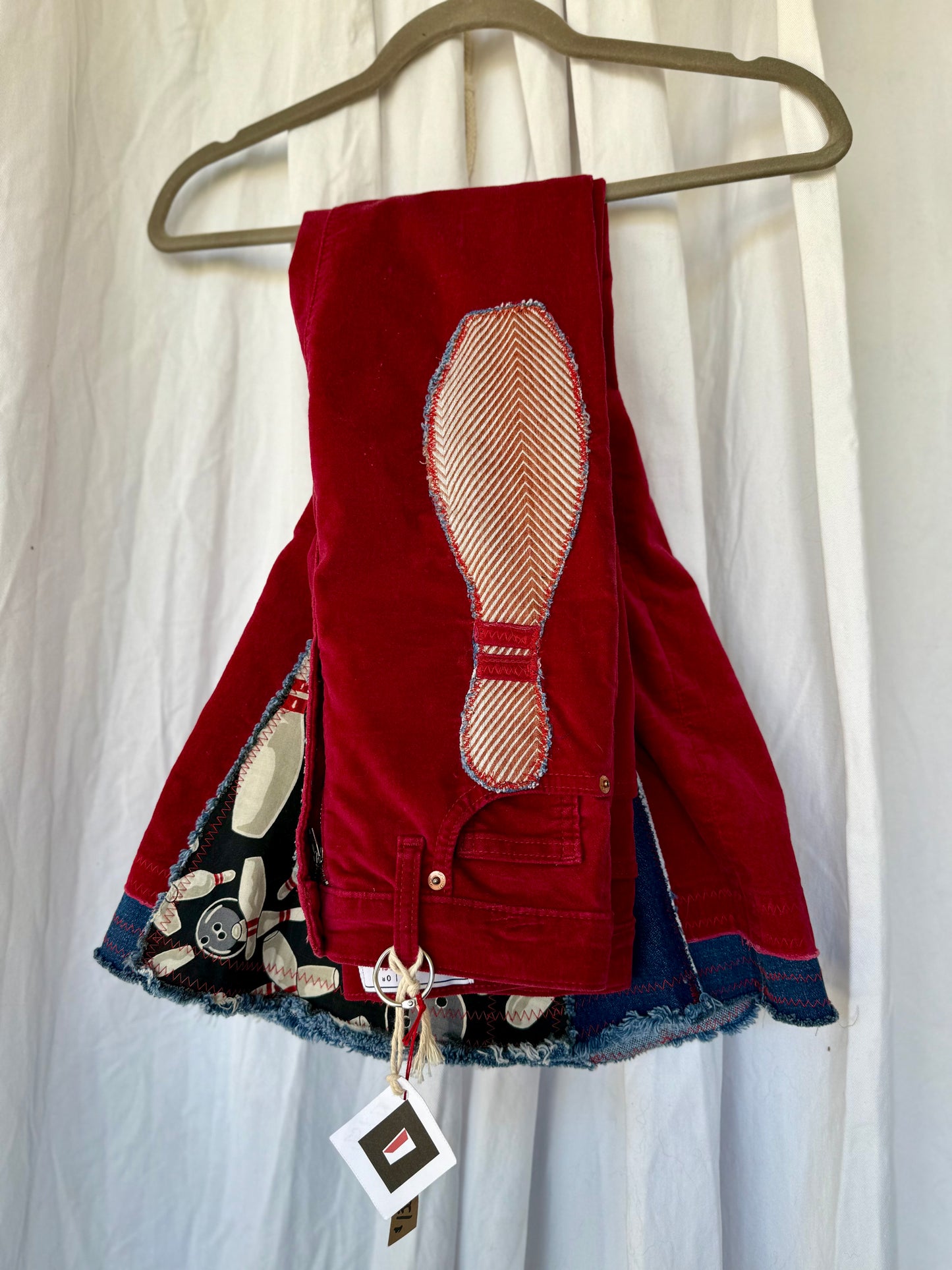 “Bowling Babe” Upcycled Red Velvet Bell Bottoms – Size 0