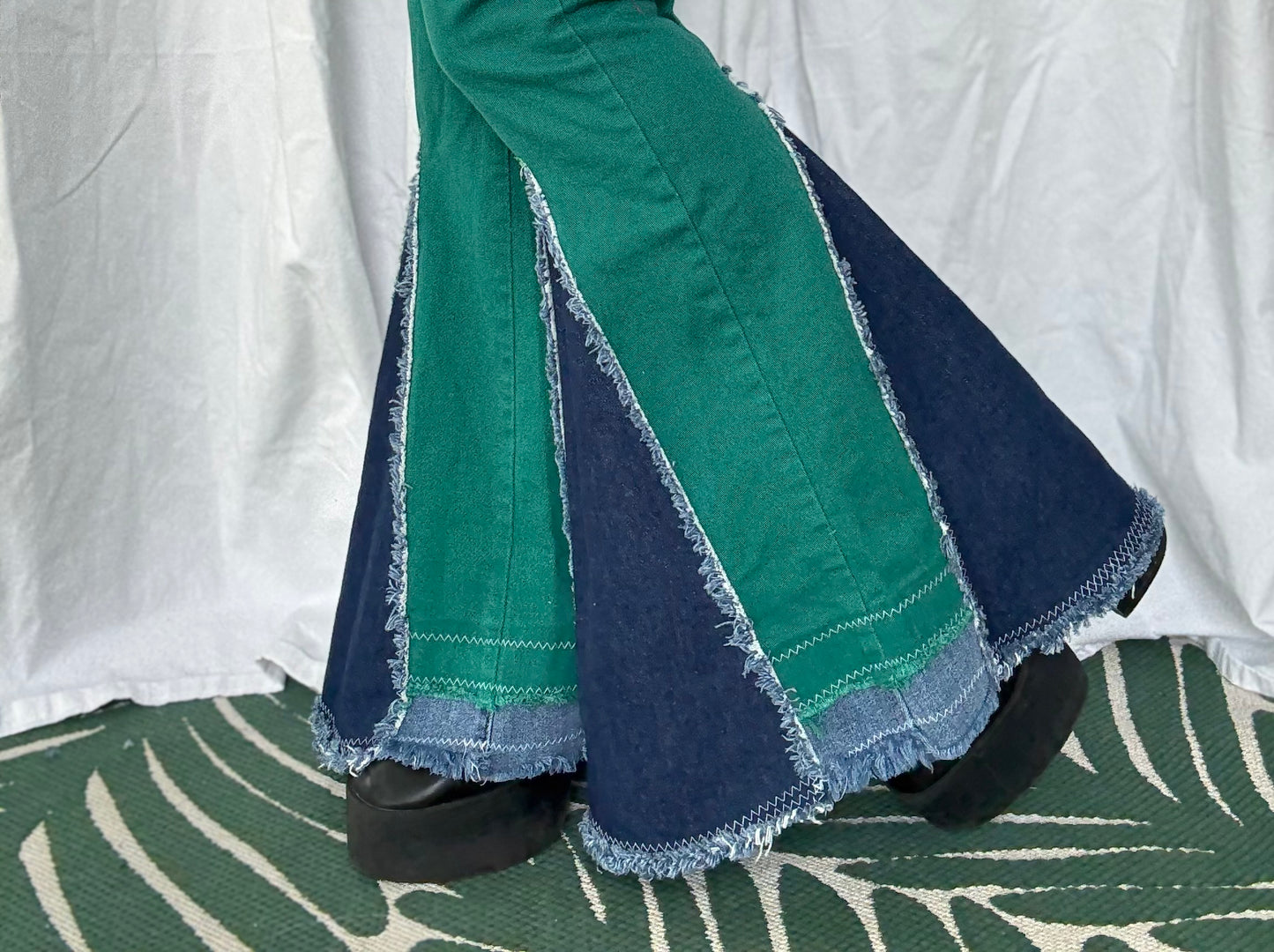 Green Bell Bottom Jeans (size 6) – Floral & Denim Patchwork Flare