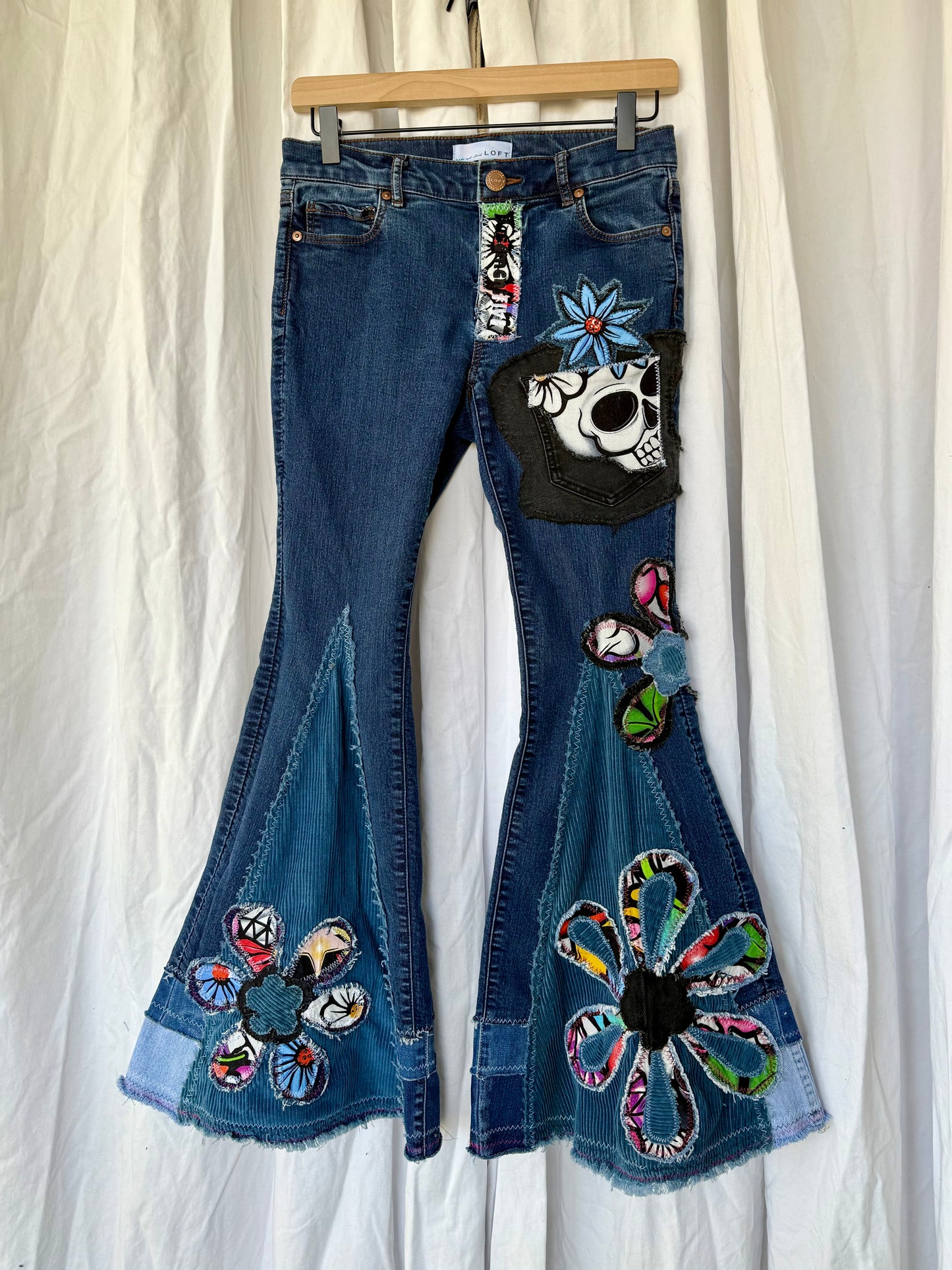 Upcycled Floral Skull Bell Bottom Jeans – Size 4