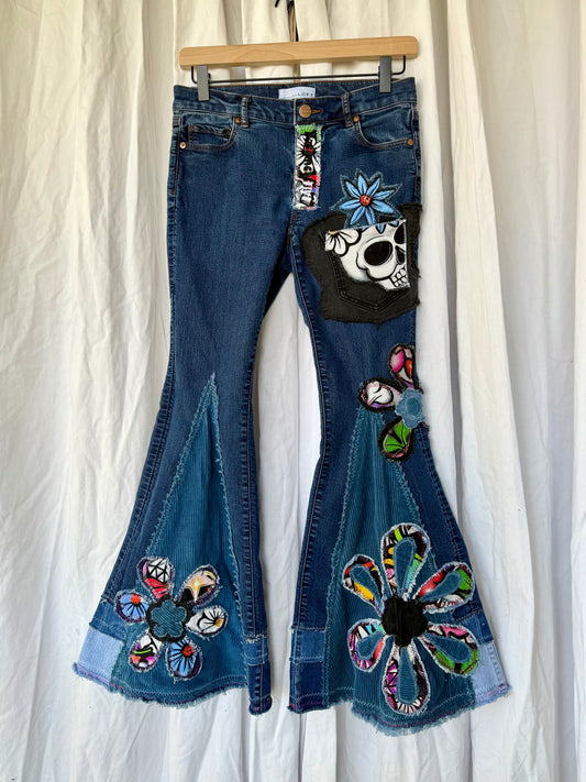 Upcycled Floral Skull Bell Bottom Jeans – Size 4
