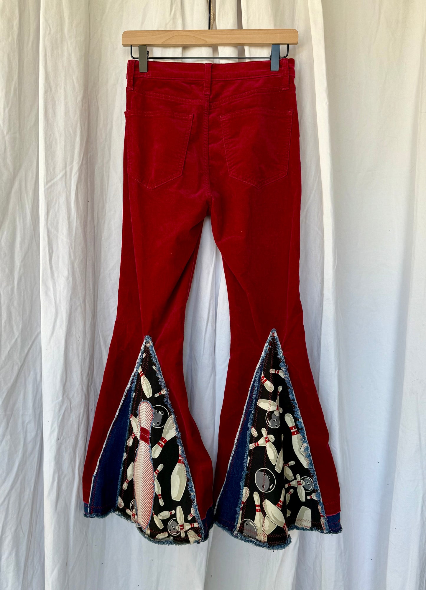 “Bowling Babe” Upcycled Red Velvet Bell Bottoms – Size 0