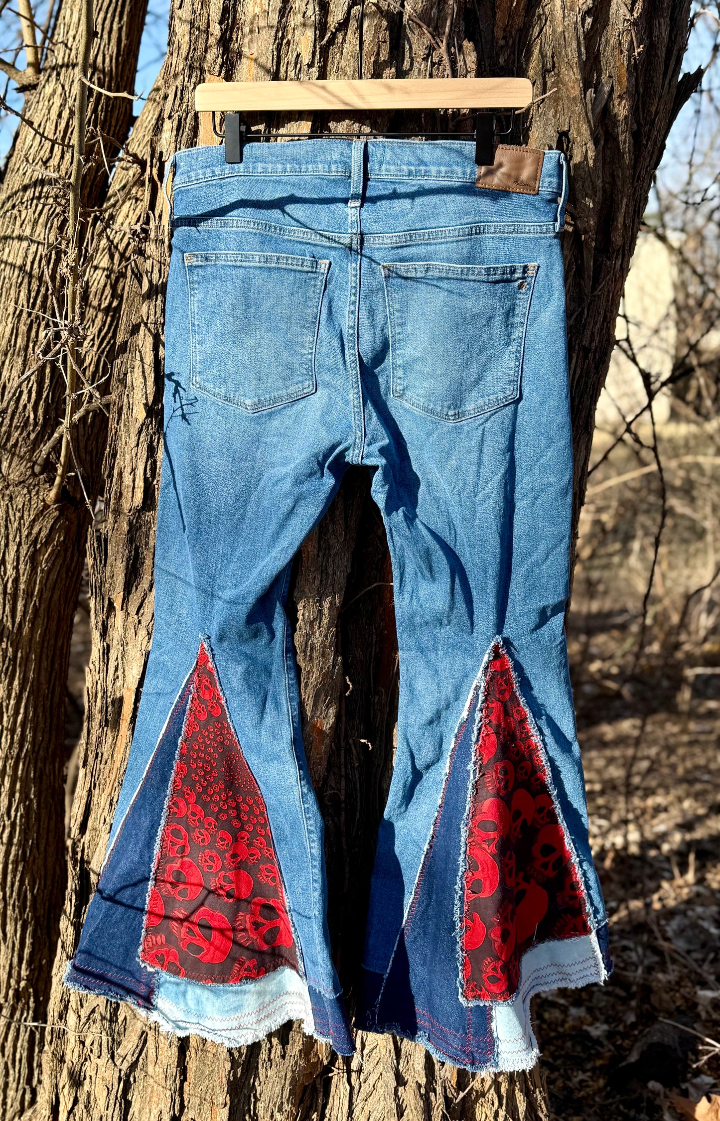 Crimson Skull Patchwork Bell Bottoms (Size 8)