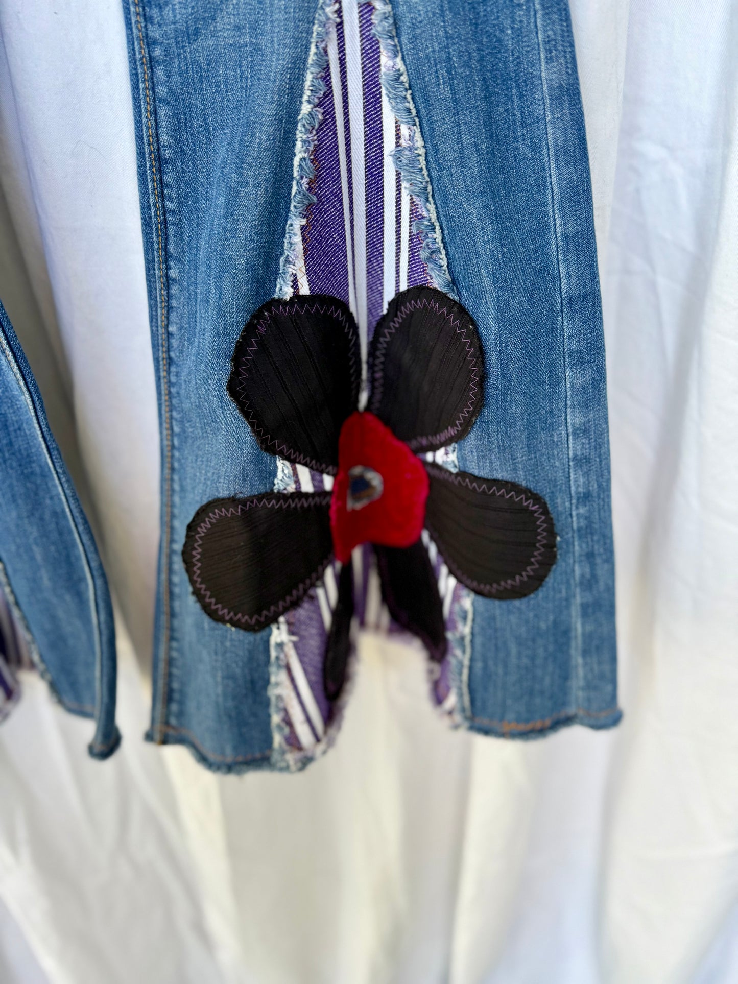 Purple Stripe & Velvet Flower Bell Bottom Jeans (size 4)