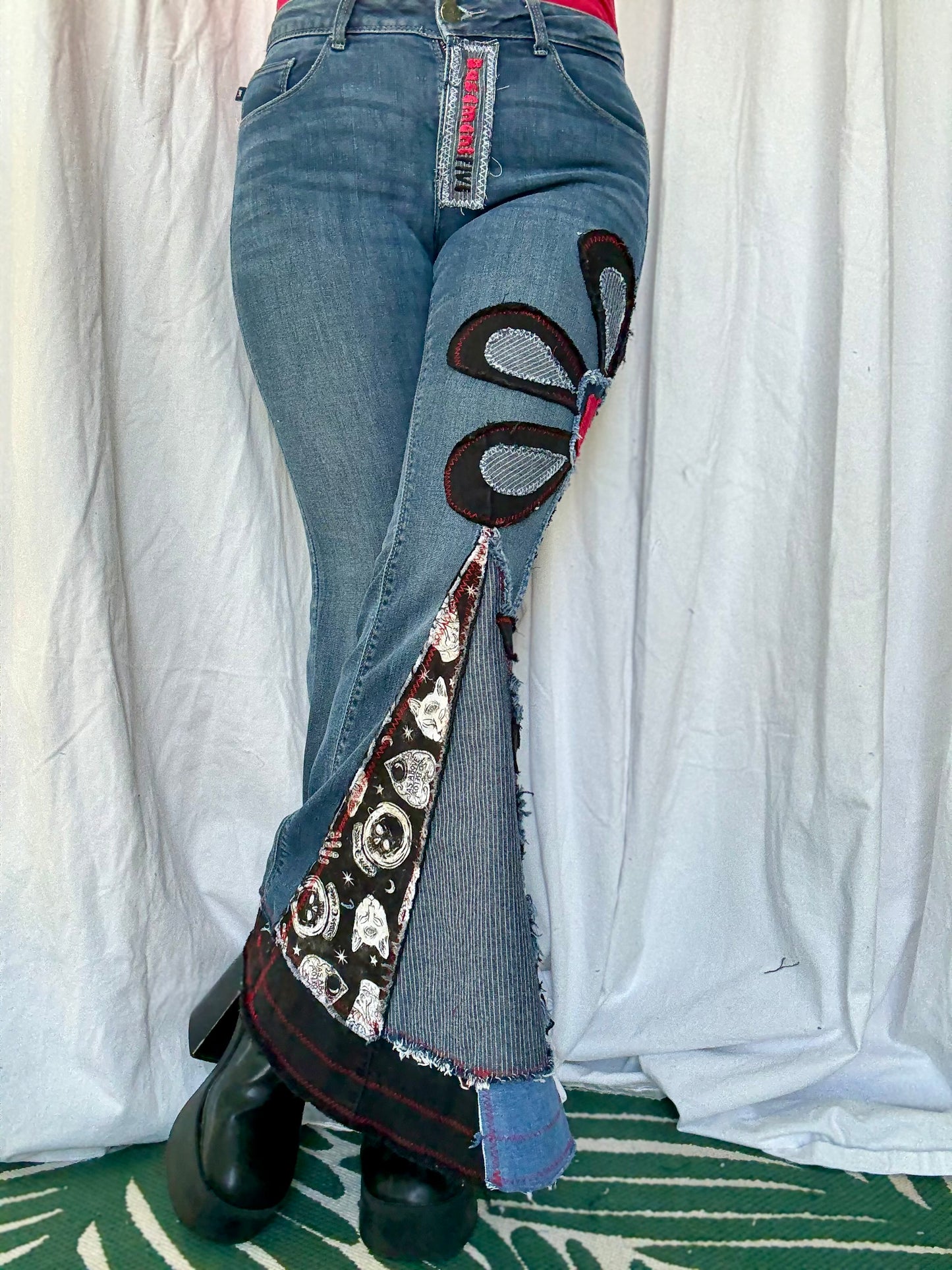 Denim Bell Bottoms – (size 10) Red & Black Floral Patchwork