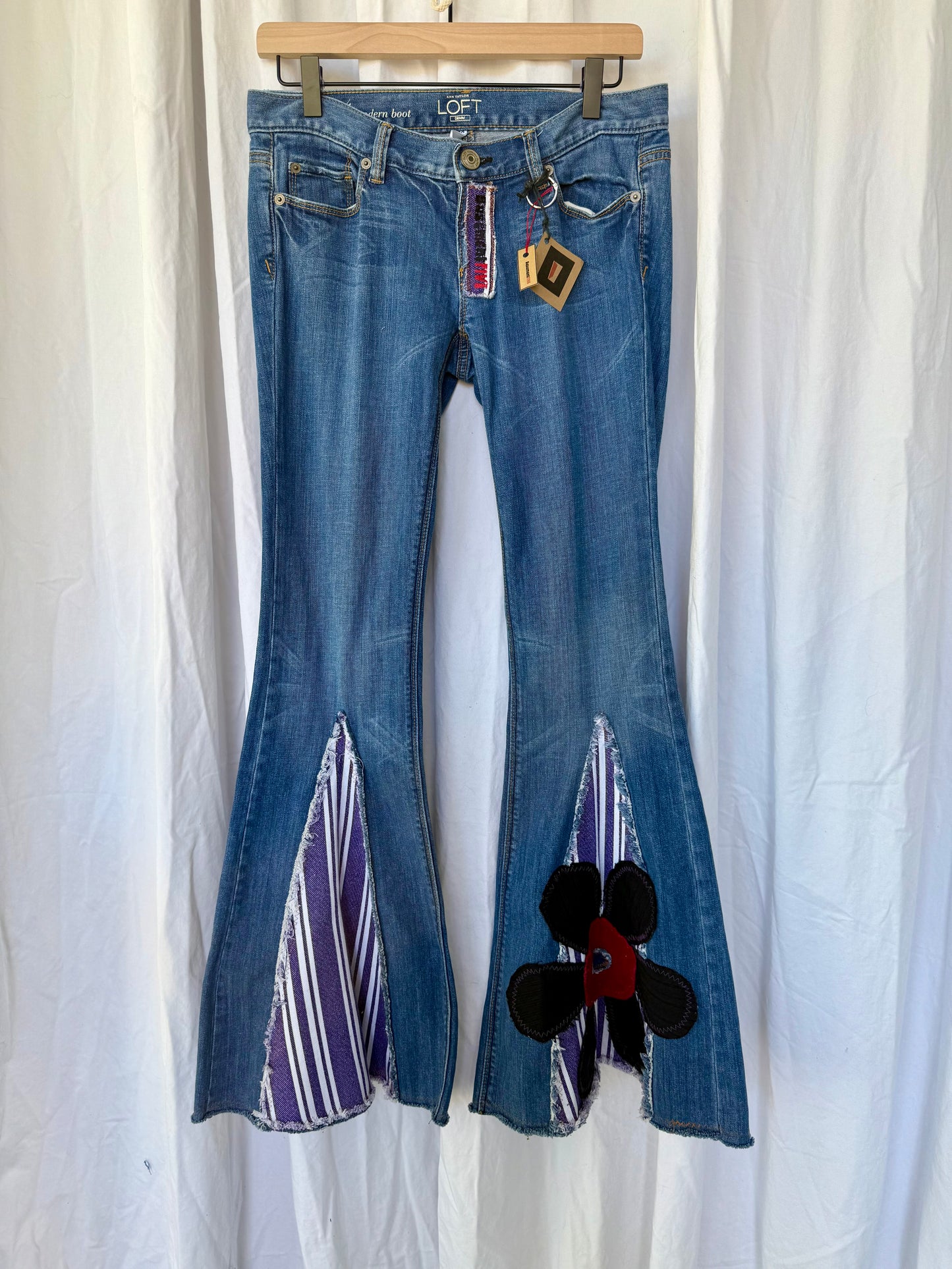 Purple Stripe & Velvet Flower Bell Bottom Jeans (size 4)