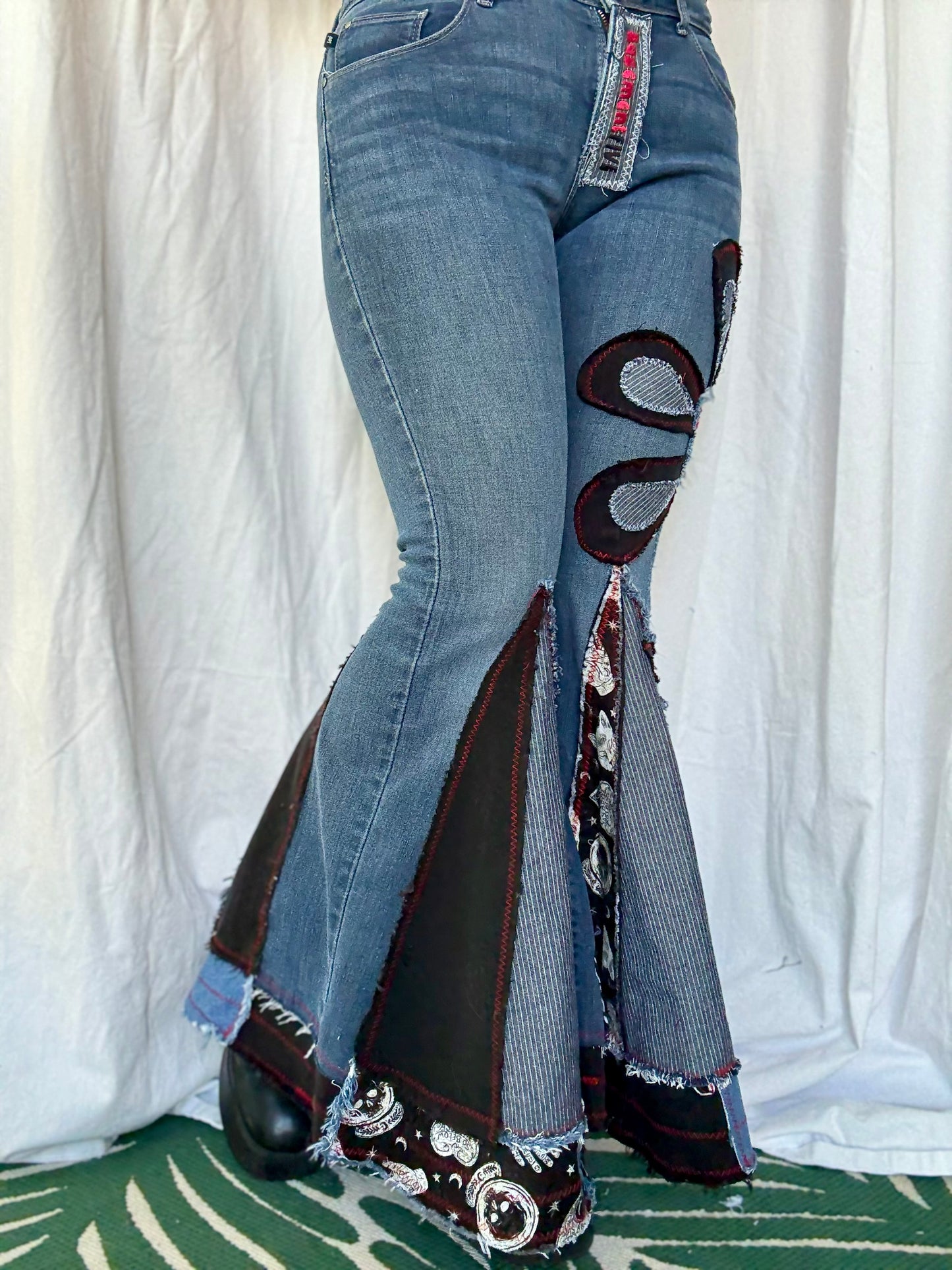 Denim Bell Bottoms – (size 10) Red & Black Floral Patchwork