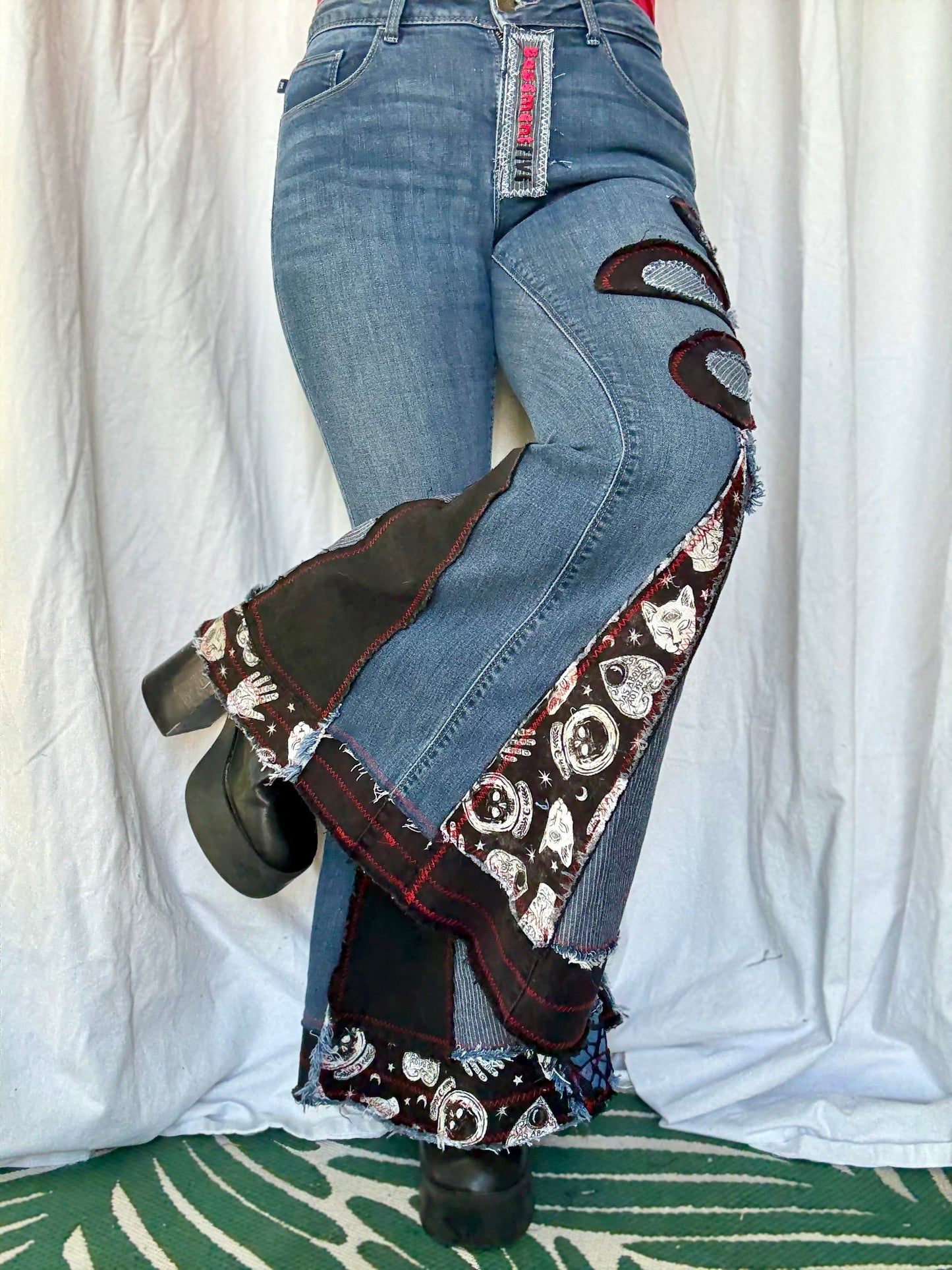 Denim Bell Bottoms – (size 10) Red & Black Floral Patchwork