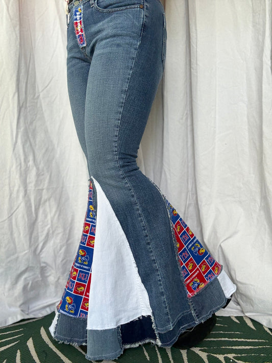 KU Jayhawks Bell Bottom Jeans (size 10)– Handmade Retro Flare