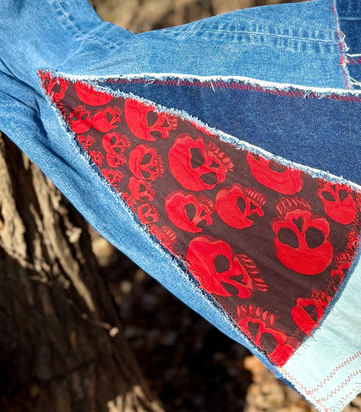 Crimson Skull Patchwork Bell Bottoms (Size 8)