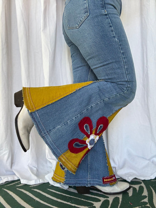 Mustard & Burgundy Flower Power Bell Bottom Jeans (size 8)