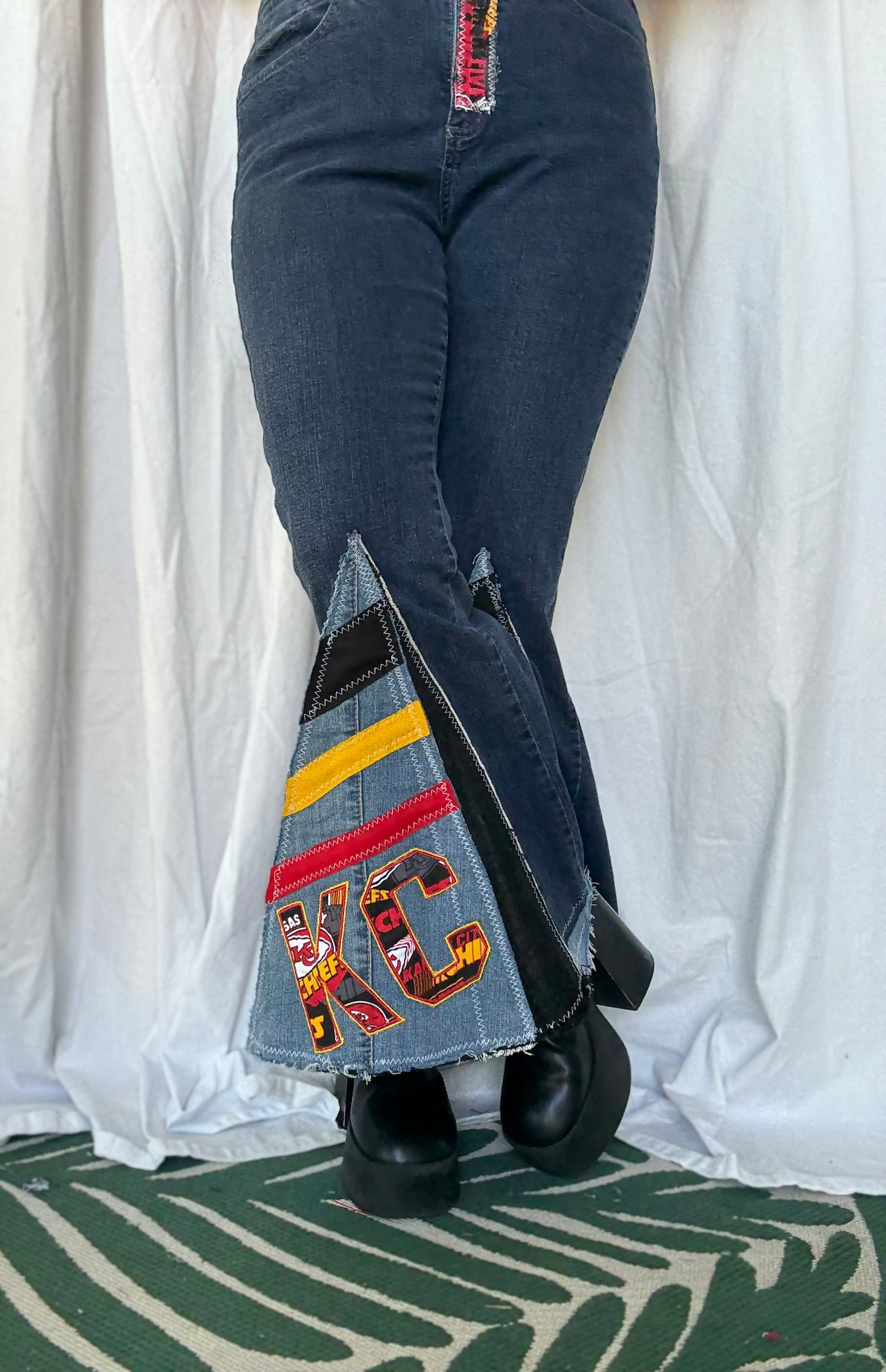 ❤️💛🖤 Upcycled KC Bell Bottom Jeans – Chiefs Inspired Flare Denim (size 14)