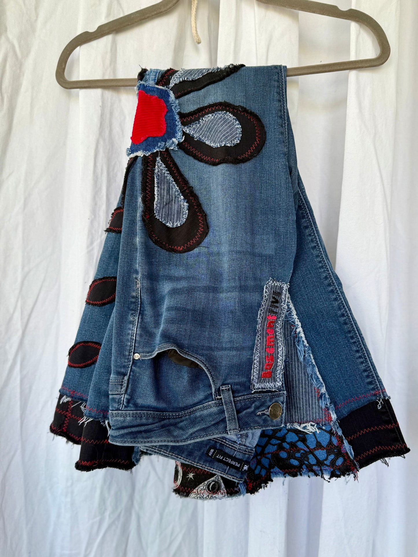 Denim Bell Bottoms – (size 10) Red & Black Floral Patchwork