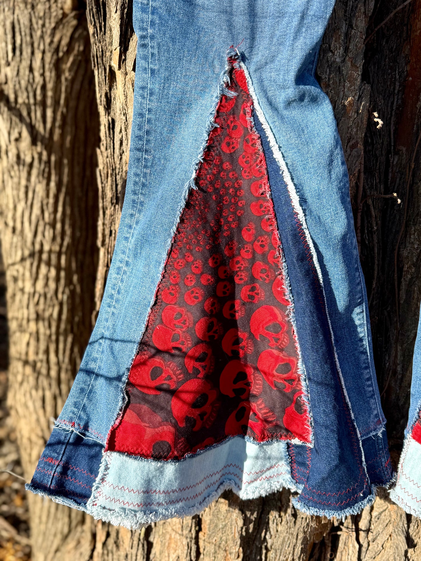 Crimson Skull Patchwork Bell Bottoms (Size 8)