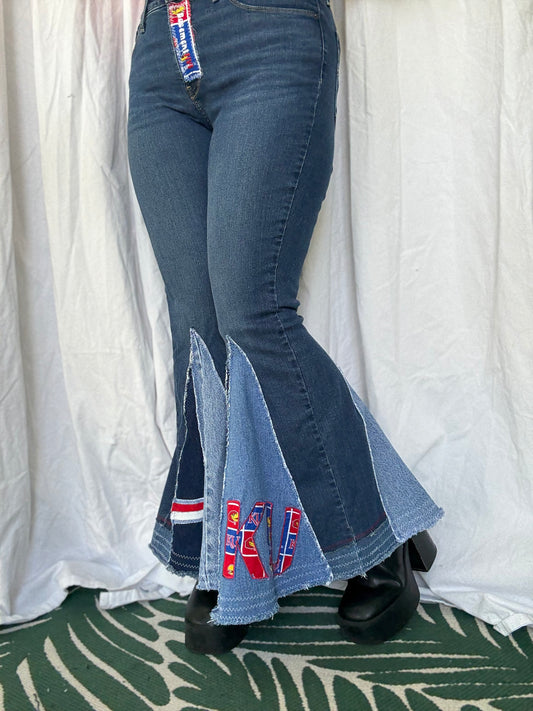 KU Jayhawks Bell Bottom Jeans (size 8) – Upcycled Retro Flare