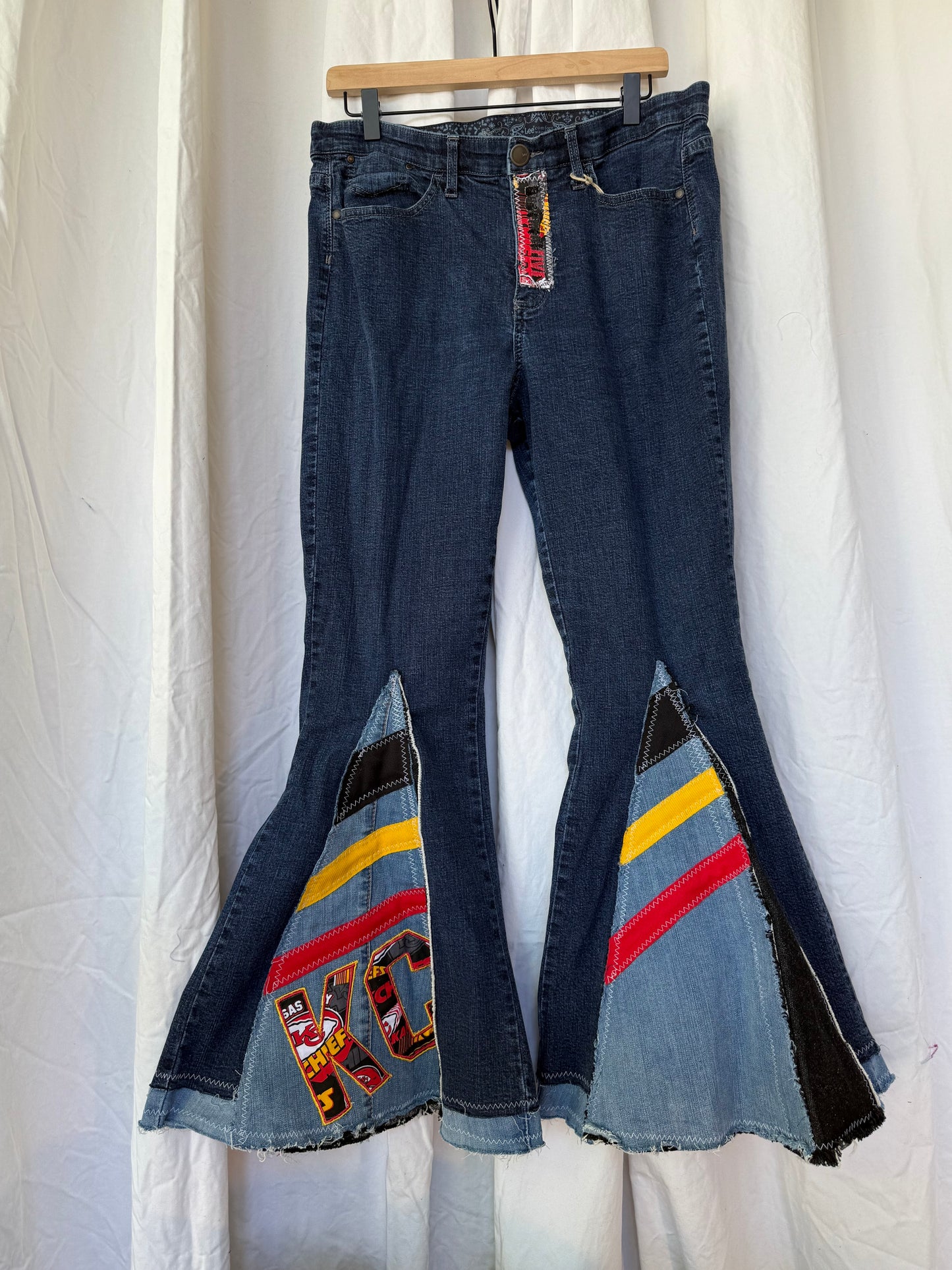 ❤️💛🖤 Upcycled KC Bell Bottom Jeans – Chiefs Inspired Flare Denim (size 14)