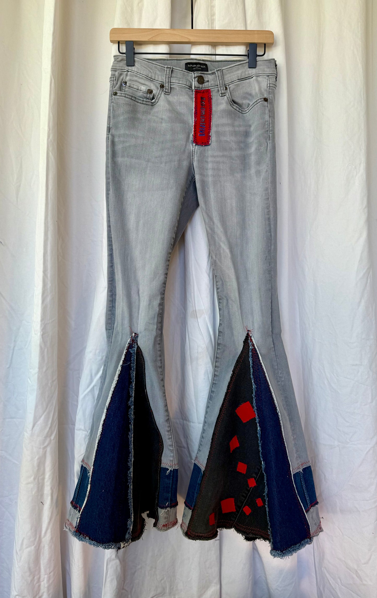 Gray Bell Bottom Jeans (size 4) – Black & Red Patchwork Flare