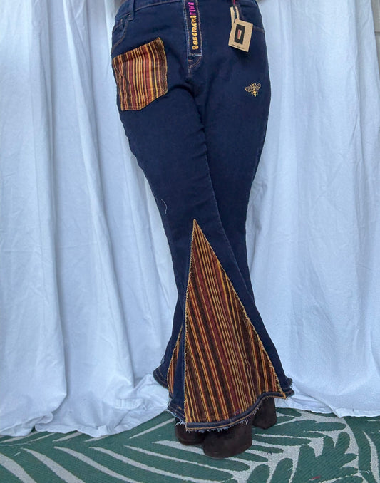 Striped Bell Bottom Jeans (size 18)– Handmade Retro Boho Flares 🌻🐝