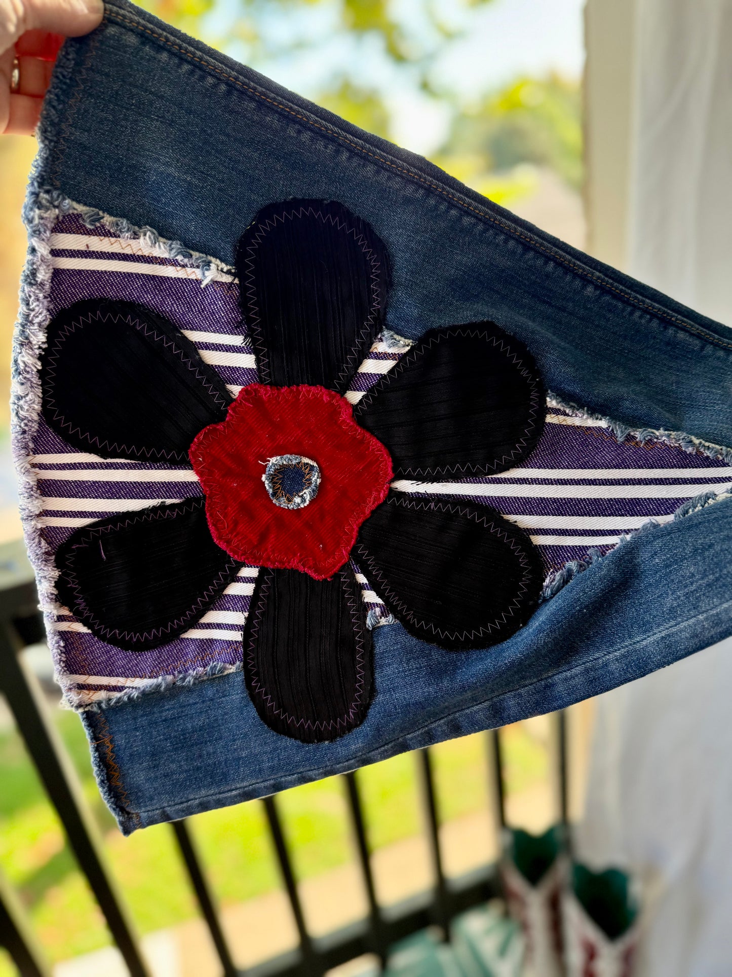 Purple Stripe & Velvet Flower Bell Bottom Jeans (size 4)