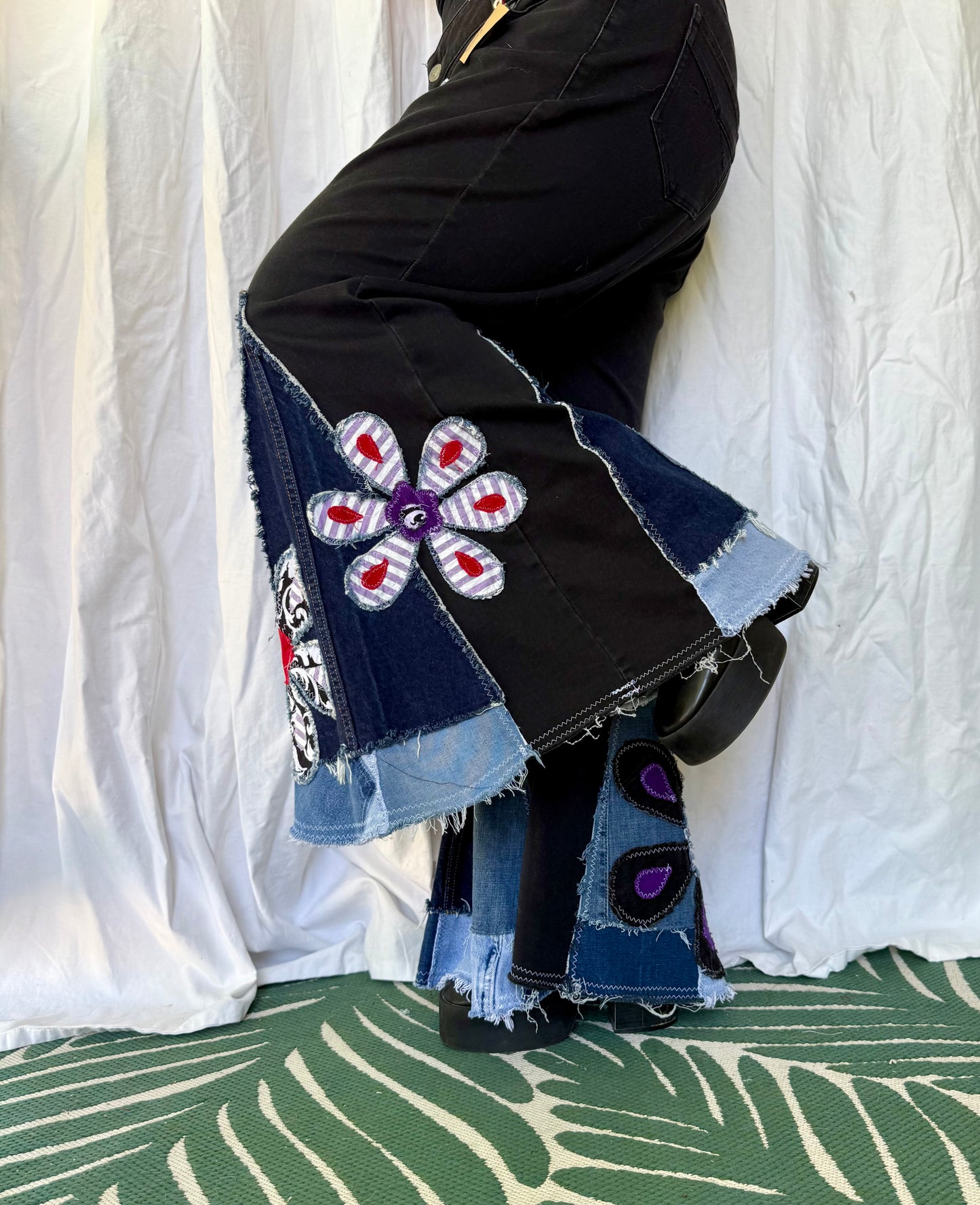 Midnight Bloom Upcycled Bell Bottoms (Size 18)