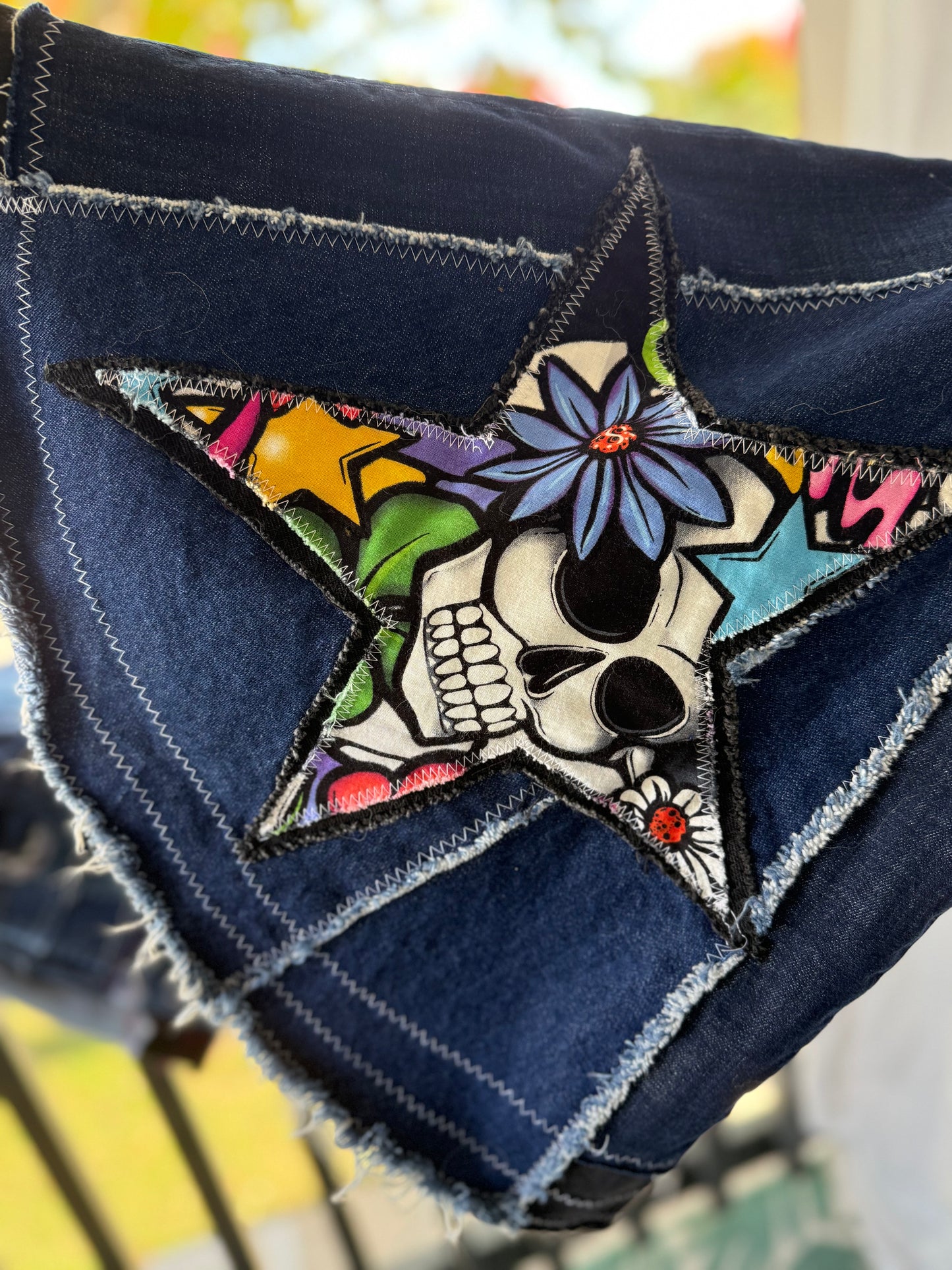 Sugar Skull Star Bell Bottoms – Upcycled Denim Statement Jeans (size 12)