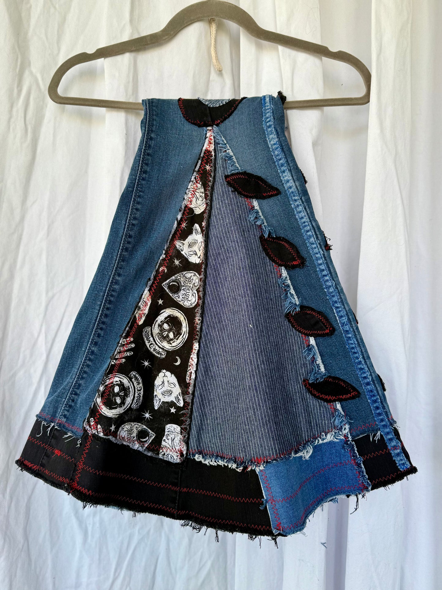 Denim Bell Bottoms – (size 10) Red & Black Floral Patchwork