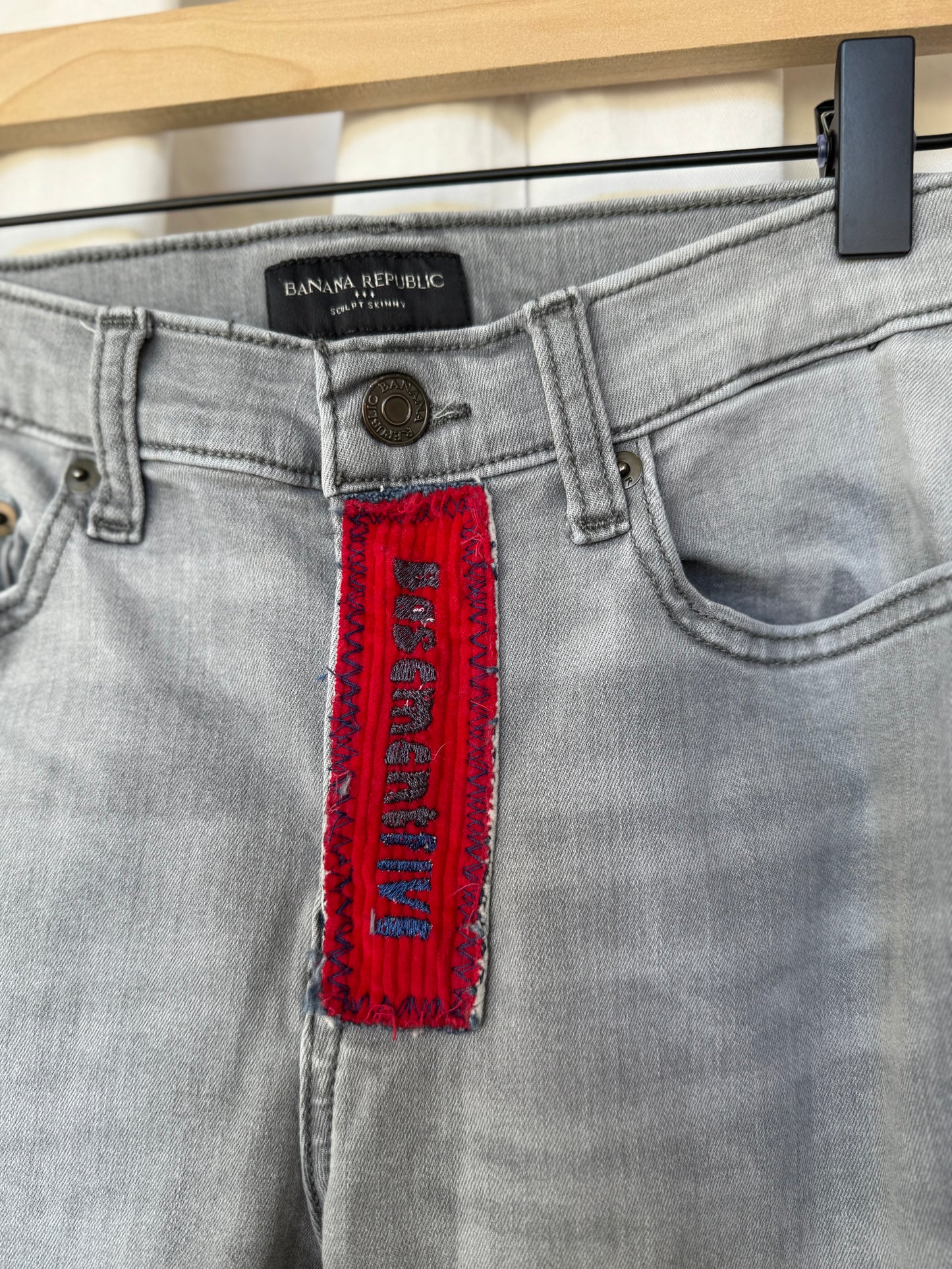 Gray Bell Bottom Jeans (size 4) – Black & Red Patchwork Flare