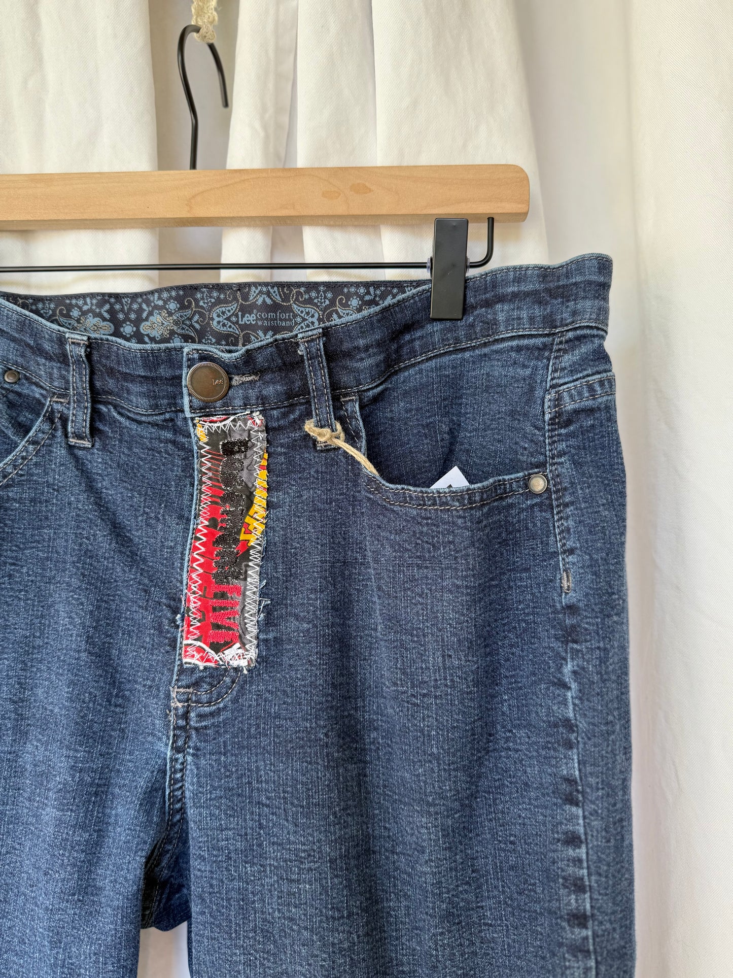 ❤️💛🖤 Upcycled KC Bell Bottom Jeans – Chiefs Inspired Flare Denim (size 14)