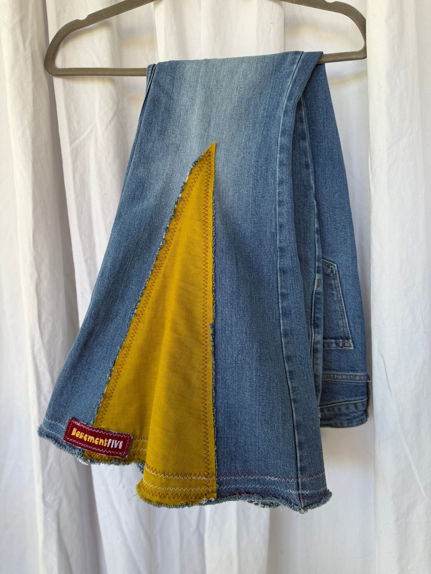 Mustard & Burgundy Flower Power Bell Bottom Jeans (size 8)