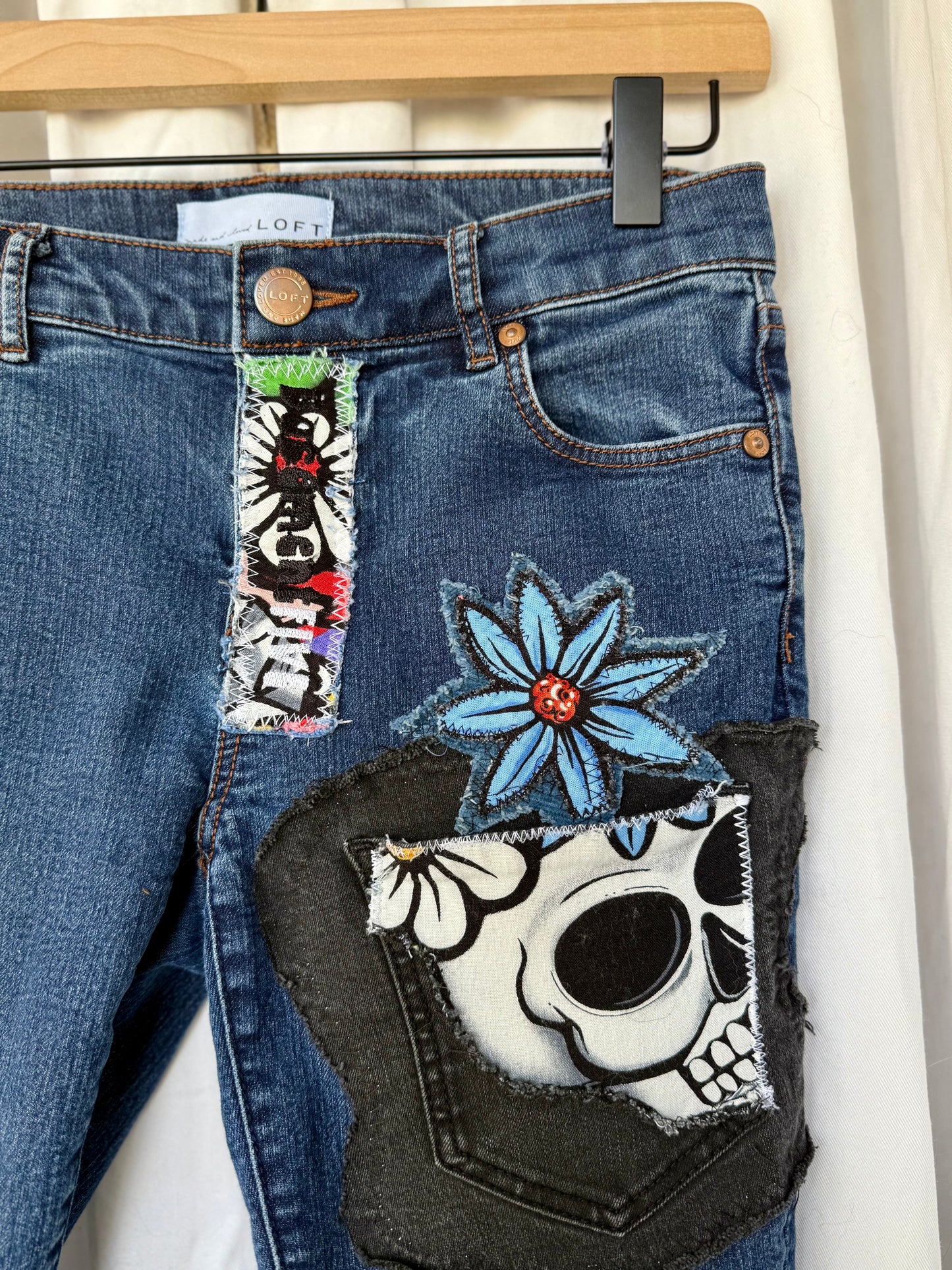 Upcycled Floral Skull Bell Bottom Jeans – Size 4